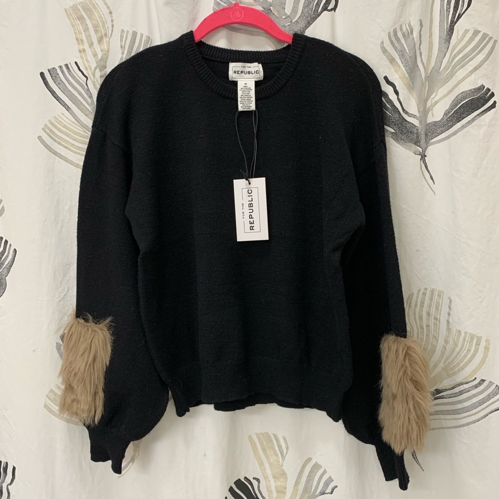 NWT for the republic fur sleeve sweater black M